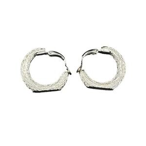 Crown Trifari Brushed Silver Tone Hoop Clip Earrings Faux‎ Bois Vintage Signed